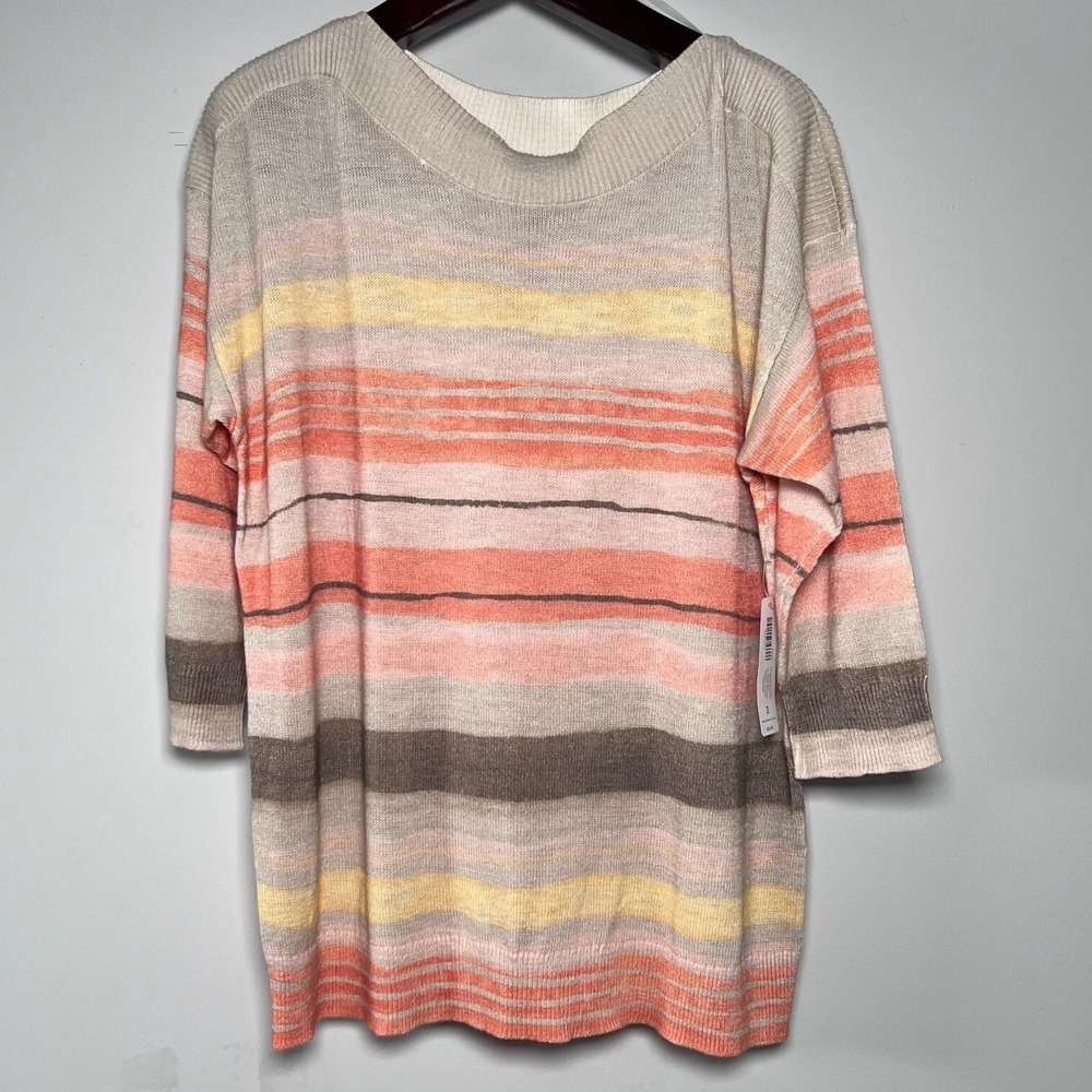 Watercolor Striped Ribbed‎ Boat Neck Sweater Top Coral Orange Chico's Size 3